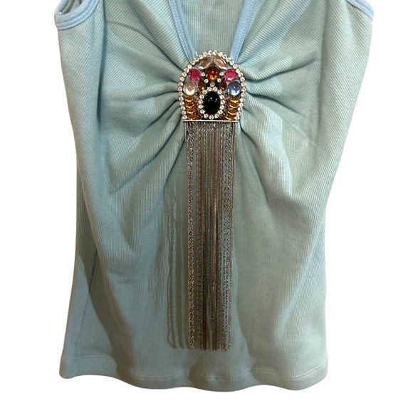 Y2K Sky ribbed tank embellished jewel bedazzle chain fringe front vintage LA USA - Picture 6 of 11